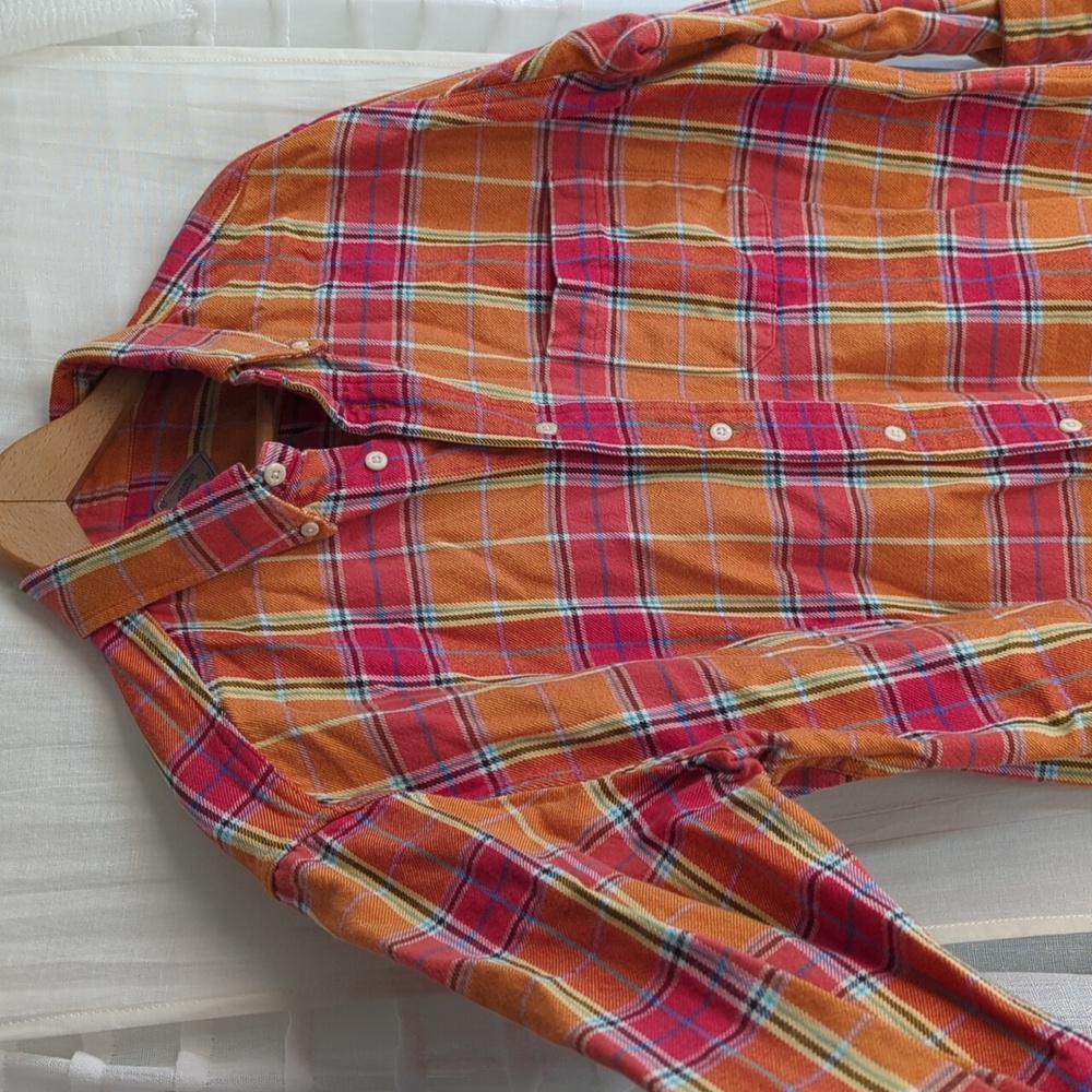 Bills Khakis™ 100% Cotton Thick Flannel Plaid Shirt Buttondown L Orange *FLAWS*